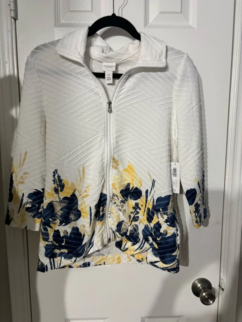 Chico's White Zip-Front Jacket with Navy & Yellow Floral Border - Picture 2 of 5